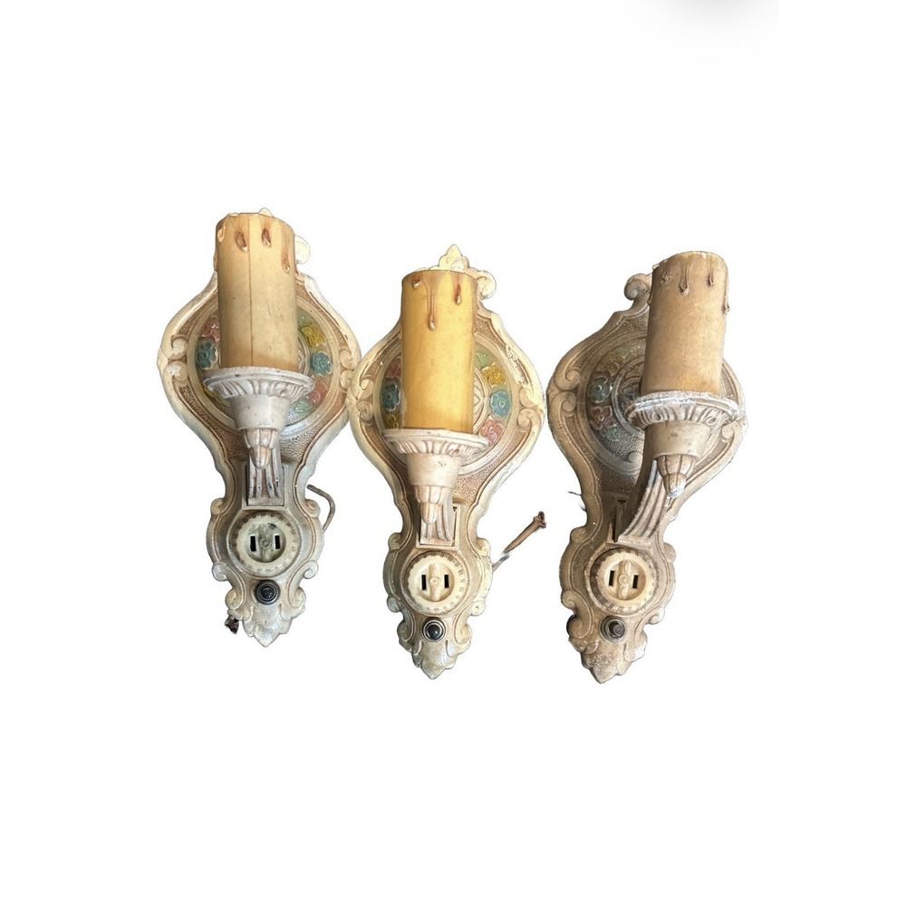 Set of 3 Art Deco Polychrome Aluminum Wall Sconces For Parts/Restoration